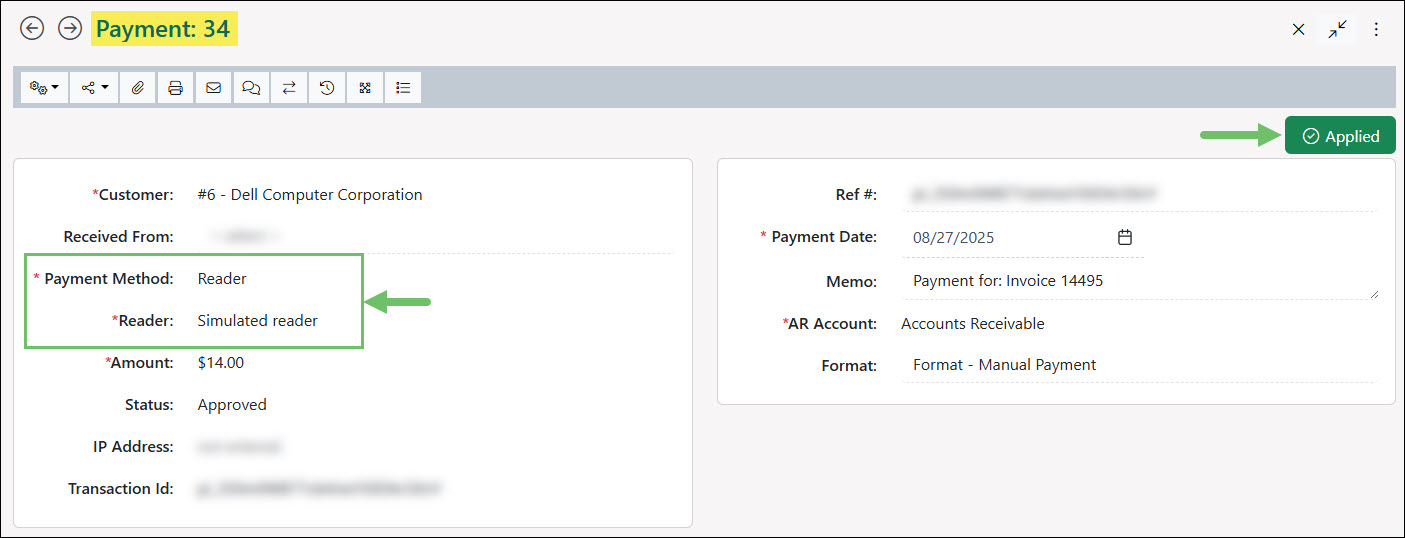 The Payment Confirmation the Stripe Reader Payment was Successfully Applied to the Invoice