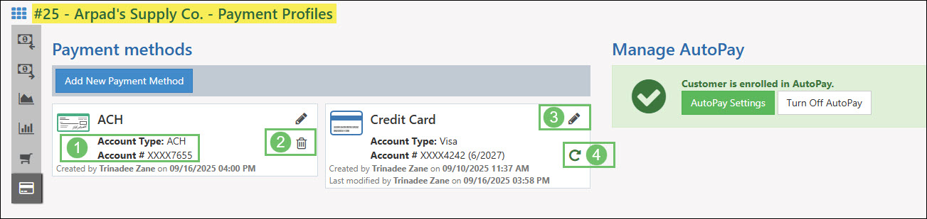 The Payment Profiles Page from a Customer’s Dashboard