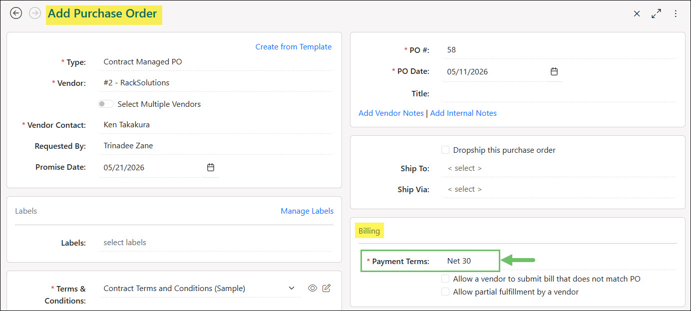 The Payment Terms Field on a Purchase Order
