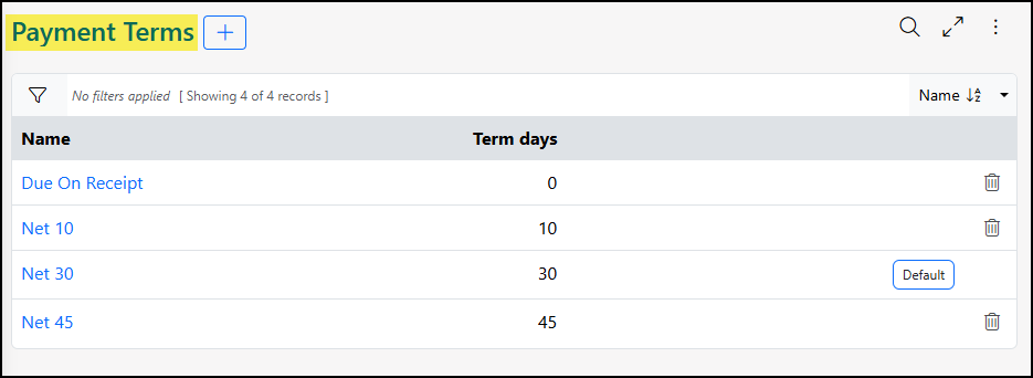 Payment Terms List which lists the name and term days.