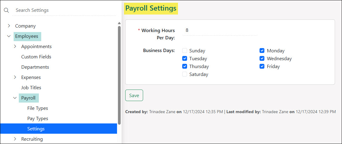 The Payroll Settings Page