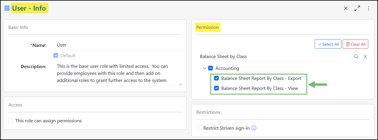 The Permissions Related to the Balance Sheet by Class in a User Role