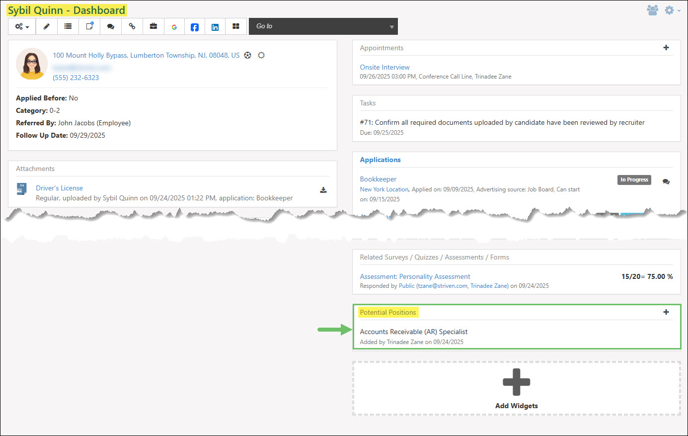 The Potential Positions Widget from a Candidate’s Dashboard