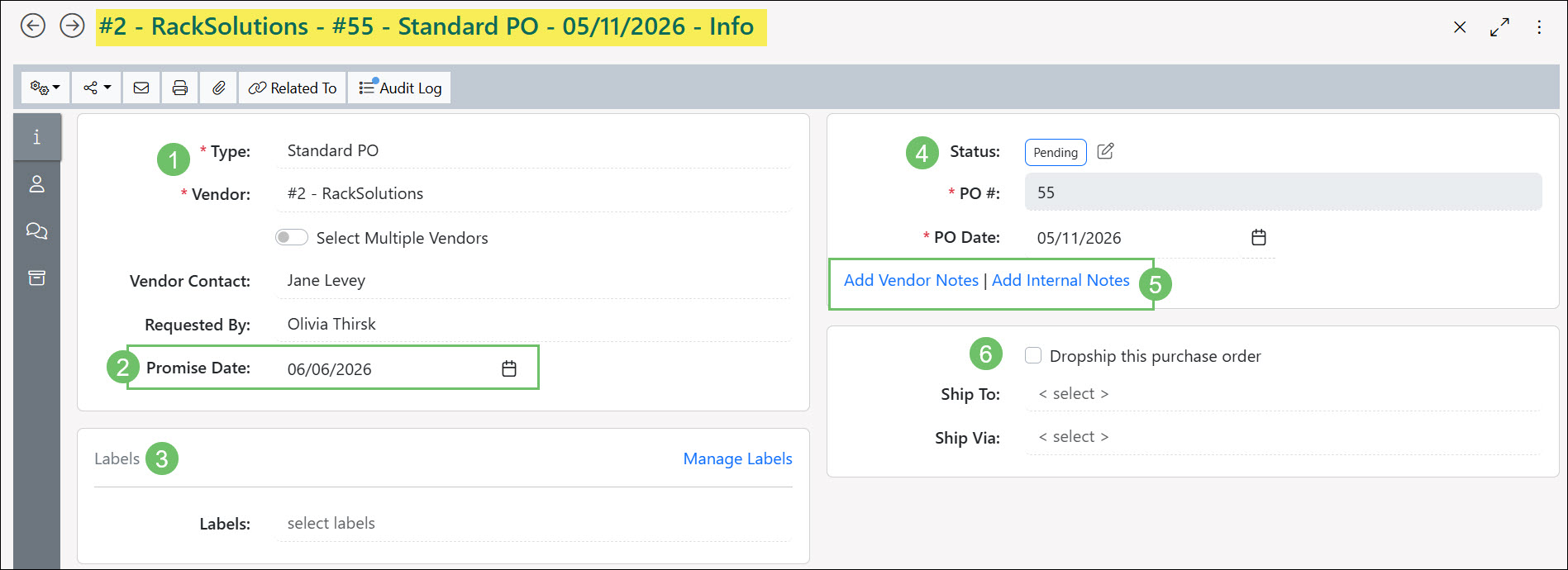 The Purchase Order Info Page