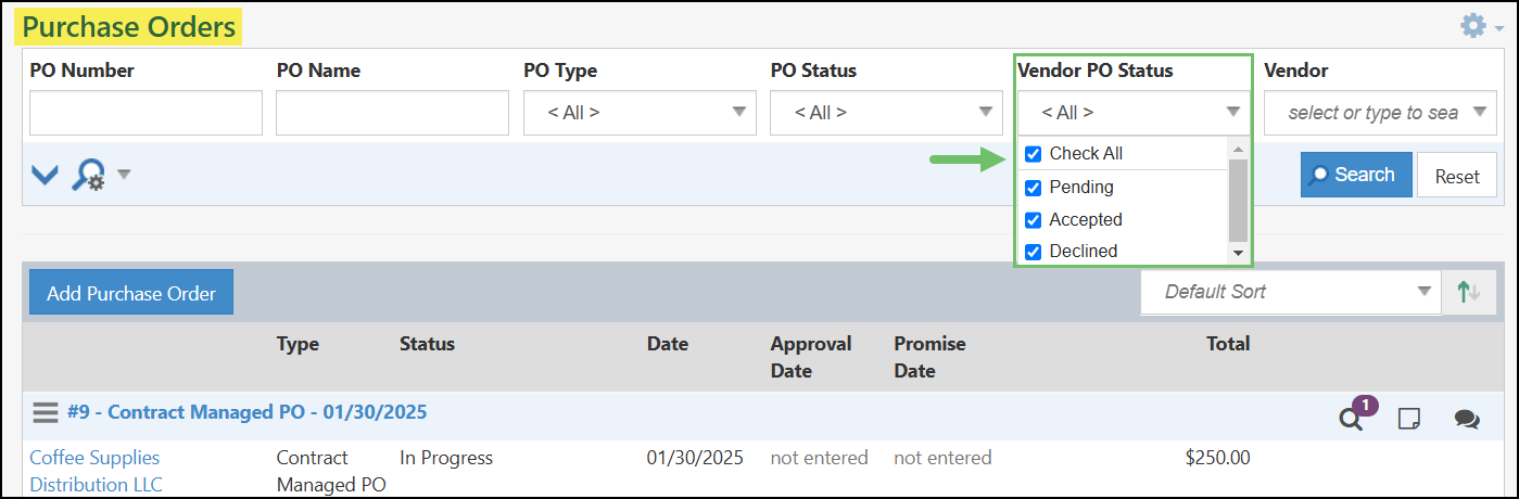 Purchase Order List with the Vendor PO Status Filter expanded.