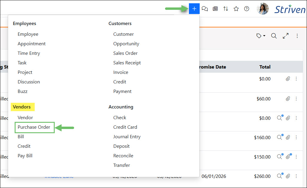 The Purchase Order Option on the Quick Add Menu