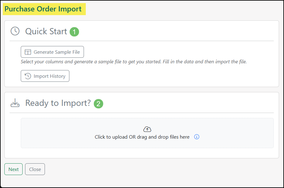 The Purchase Orders Import Page.
