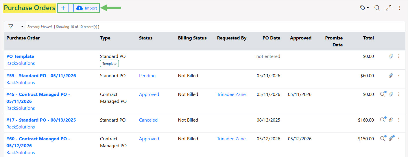 The Purchase Orders List Page