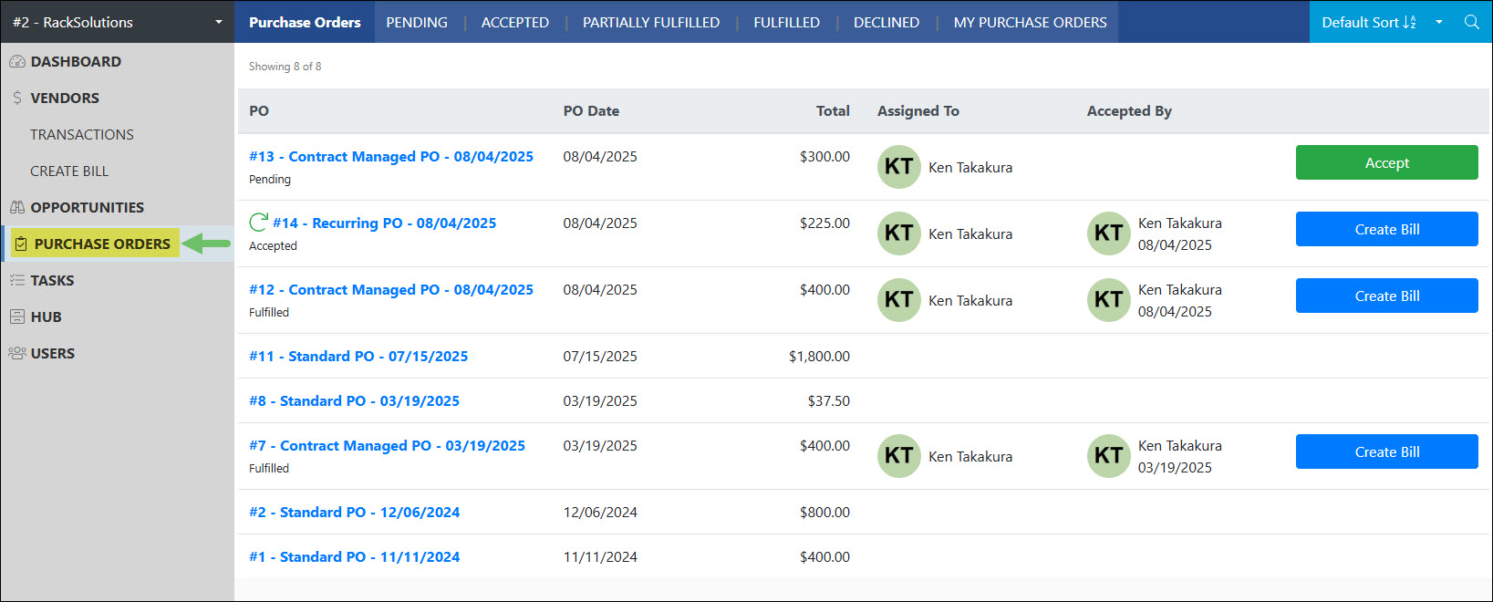The Purchase Orders List in the Vendor Portal