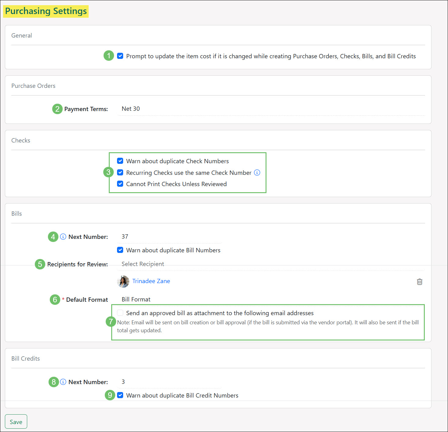 The Purchasing Settings Page