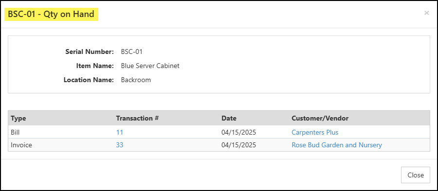 The Qty On Hand Dialog Box from the Serial Numbers by Location Report.