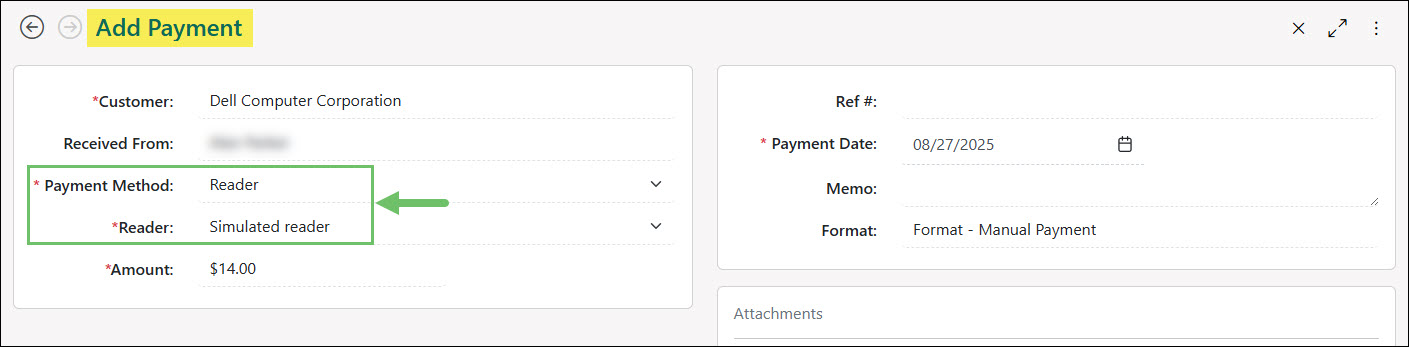 The Reader Option in the Payment Methods List on the Add Payment Page