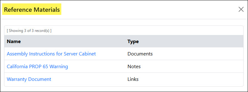 The Reference Materials Popup Window