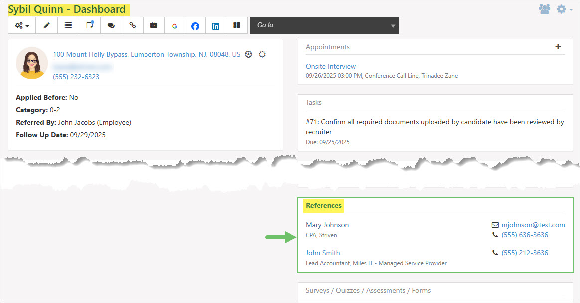 The References Widget from a Candidate’s Dashboard