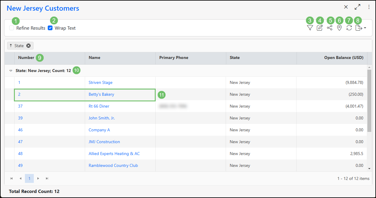 Report Builder for Customer Locations in New Jersey which lists results.