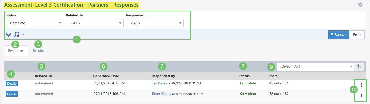 The Responses List for an Assessment