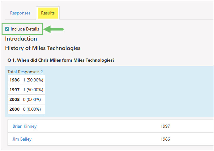 The Results Tab on an Assessments Results Page