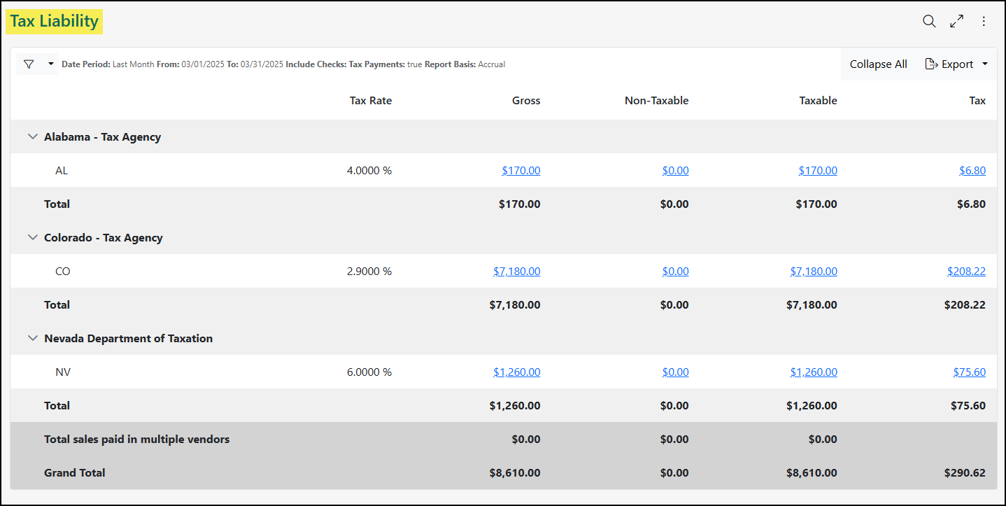 The Sales Tax Liability Report in Striven