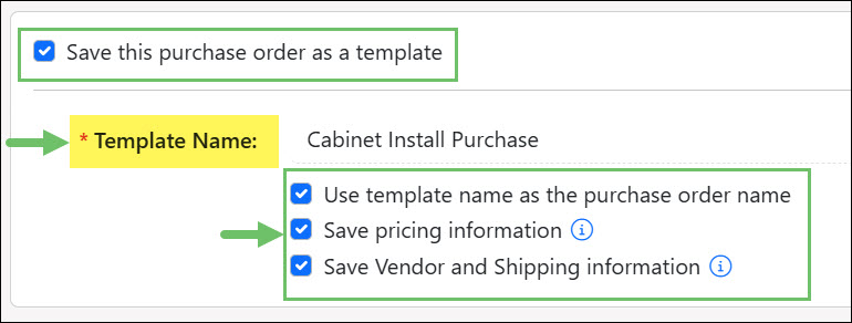 The Save as Template Option on an Add Purchase Order Page