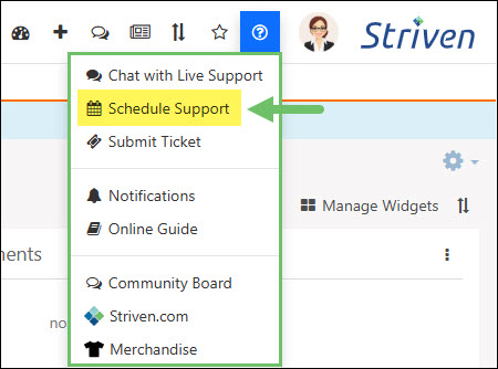 The Schedule Support Option on the Striven Help Menu