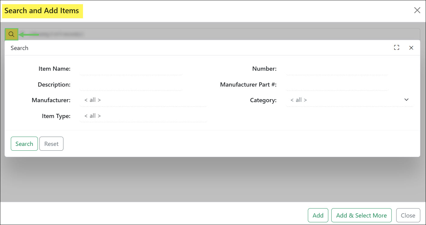The Search & Add Items Popup on a Purchase Order