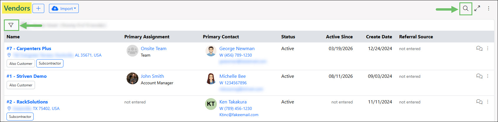 The Search Filter Locations on the Customer or Vendor Lists