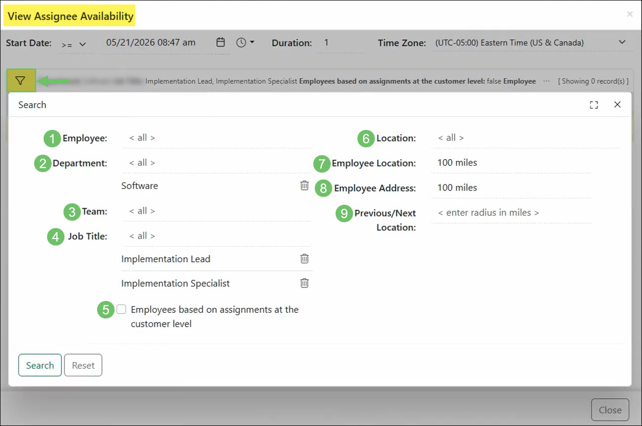 The Search Filters in the View Assignee Availability Window