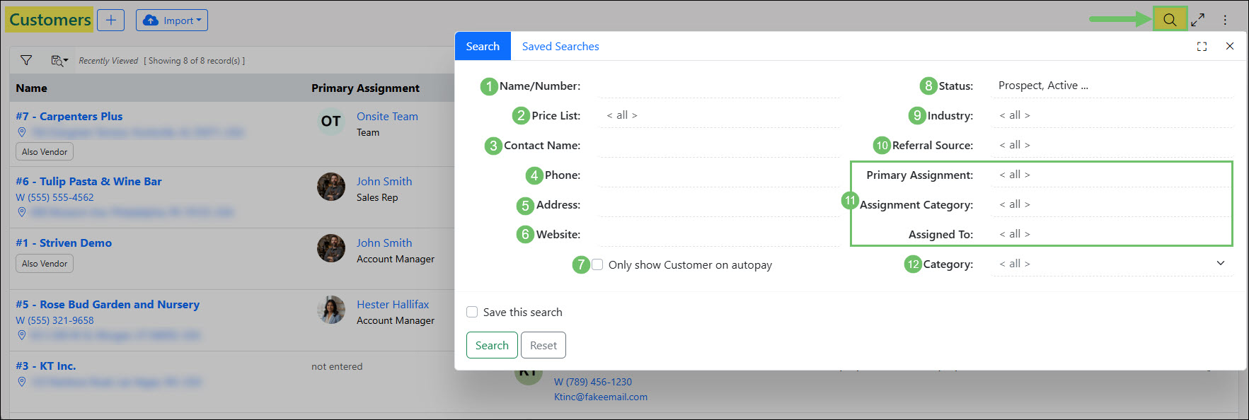 The Search Filters on the Customer and Vendor Lists