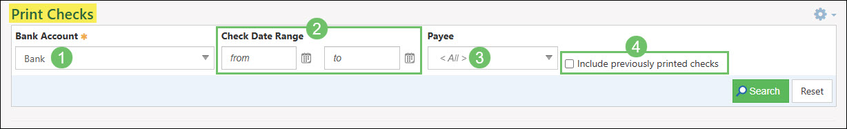 The Search Filters on the Print Checks Queue
