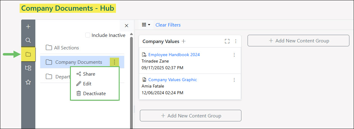 The Sections Tab in the Left-Side Menu of Hub