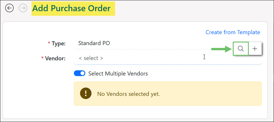 The Select Multiple Vendors Option Enabled on a Purchase Order