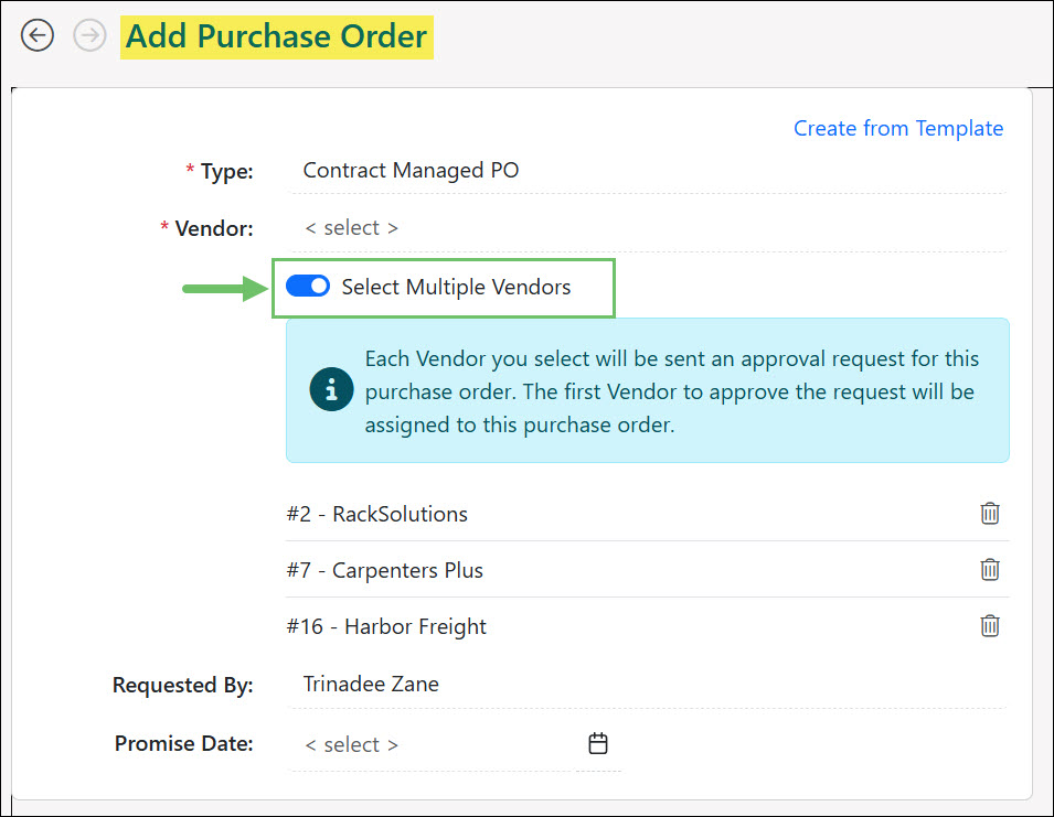 The Select Multiple Vendors Option for a Contract Managed Purchase Order