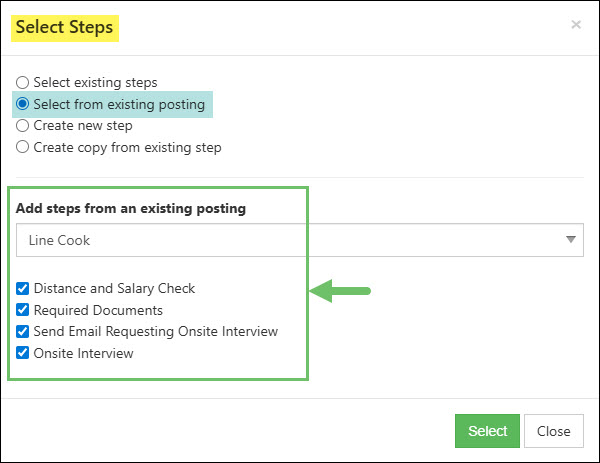 The Select Steps Dialog Window for a Job Posting with the Select From Existing Posting Option