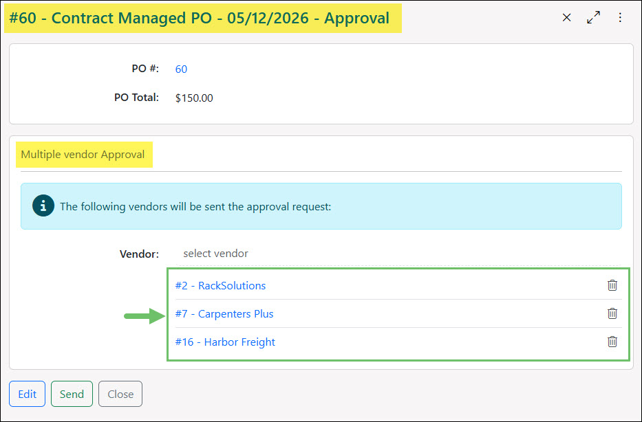The Send Approval Page for Multiple Vendors on a Purchase Order