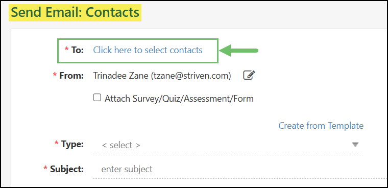 The Send Email page for contacts with the option for filtering recipients highlighted.