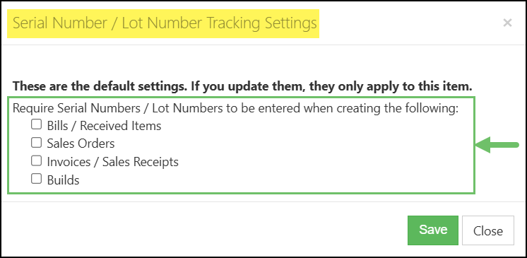 The Serial Number Advanced Settings on an Item.