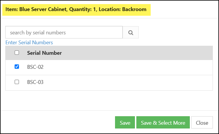 The Serial Number Dialog Box with the Select Existing Serial Numbers Option Enabled.