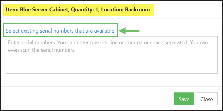 The Serial Number Dialog Box with the Select Existing Serial Numbers Option Highlighted.