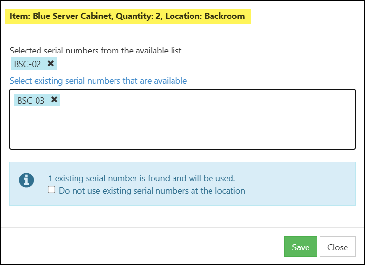 The Serial Numbers Dialog Box with Serial Numbers Selected.