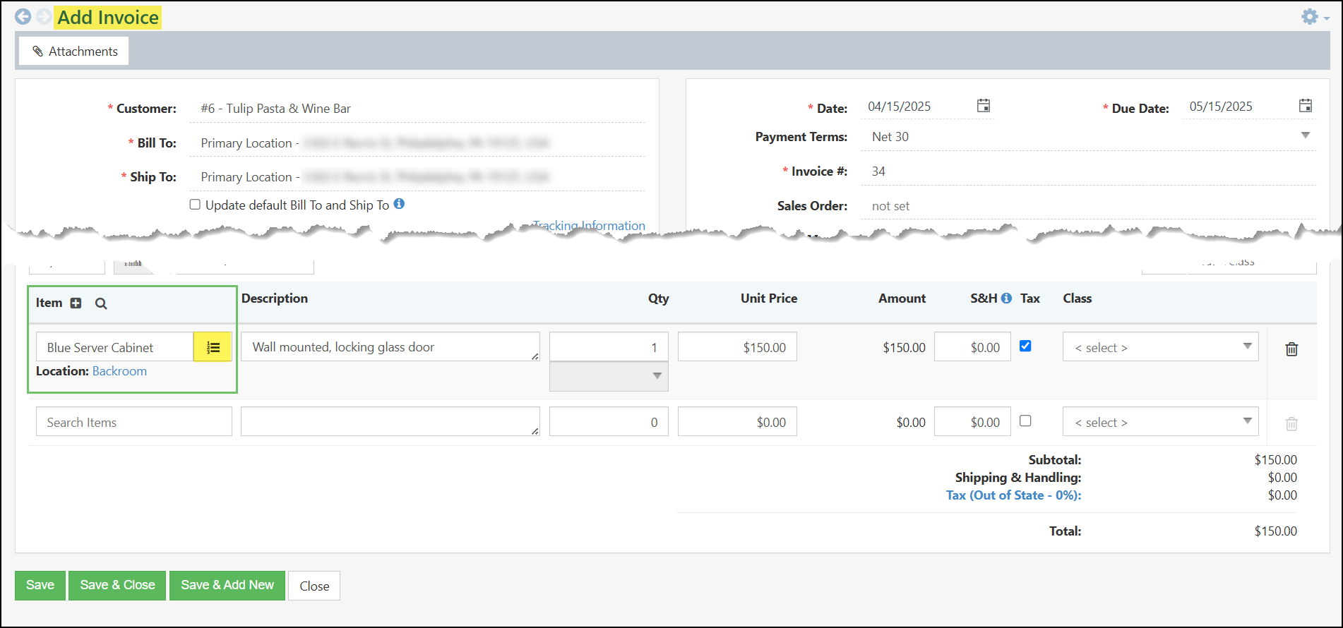 The Serial Numbers Icon on the Add Invoice Page.
