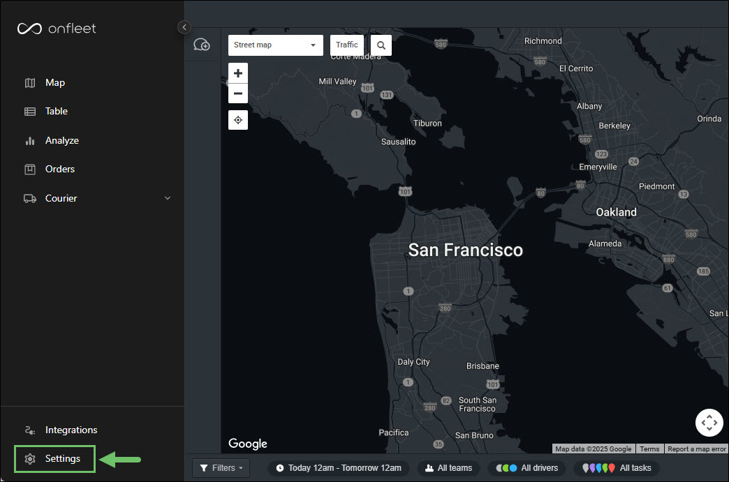 The Settings Location when Logged Into Onfleet