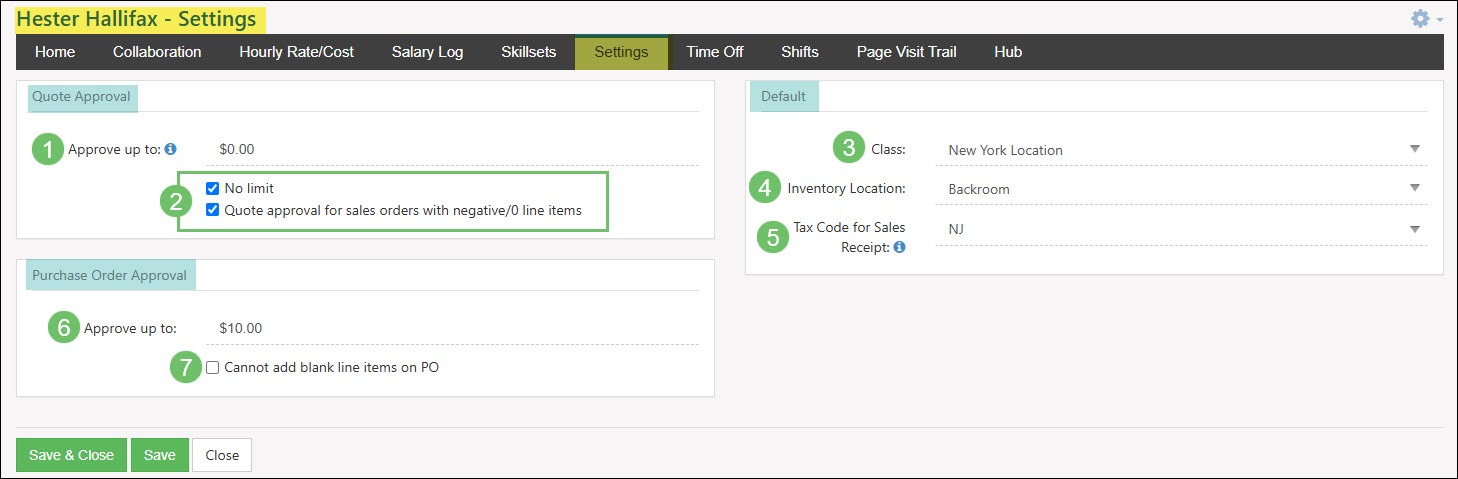 The Settings Tab of an Employee Profile