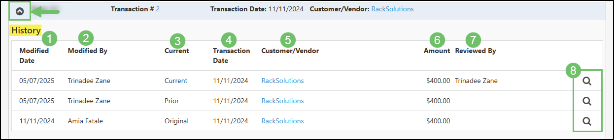 The Show History Feature on the Transaction History Audit Trail
