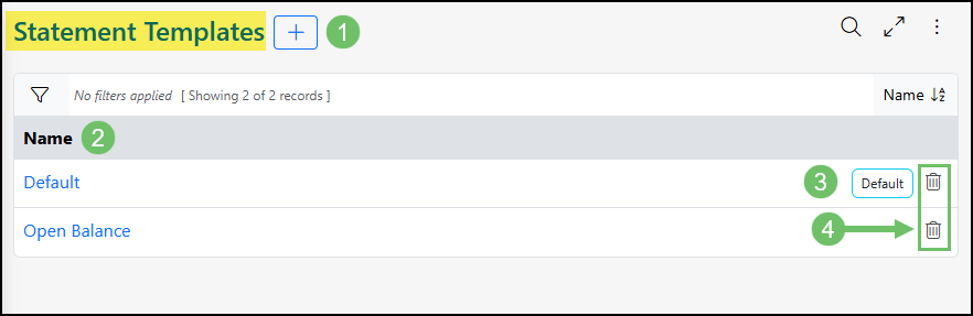 The Statement Templates List with the name listed and the option to deactivate.