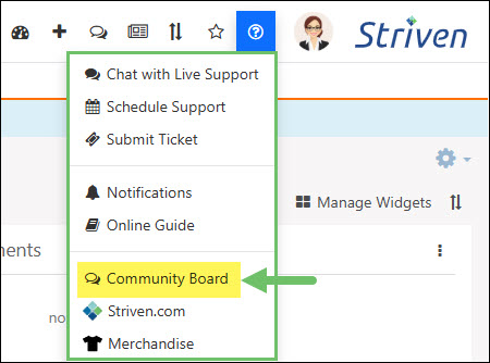 The Striven Community Board Link on the Striven Help Menu