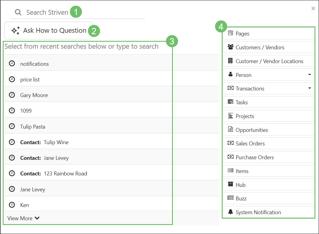 Example of the Striven Search filters and options.