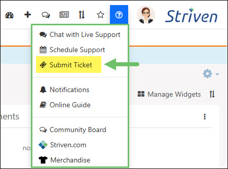 The Submit Ticket Option on the Striven Help Menu