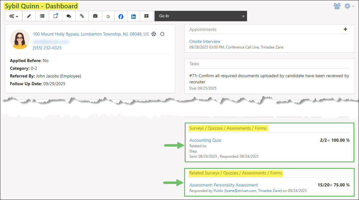 The Surveys, Quizzes, Assessments, Forms Widgets from a Candidate’s Dashboard