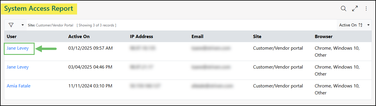 The System Access Report in Striven showing Contacts that have logged in to the Customer/Vendor Portal.