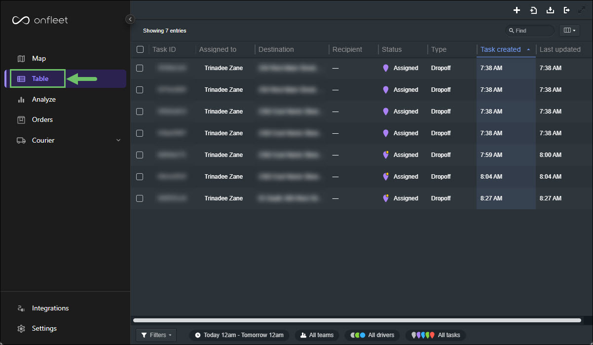 The Tasks Synced in Onfleet